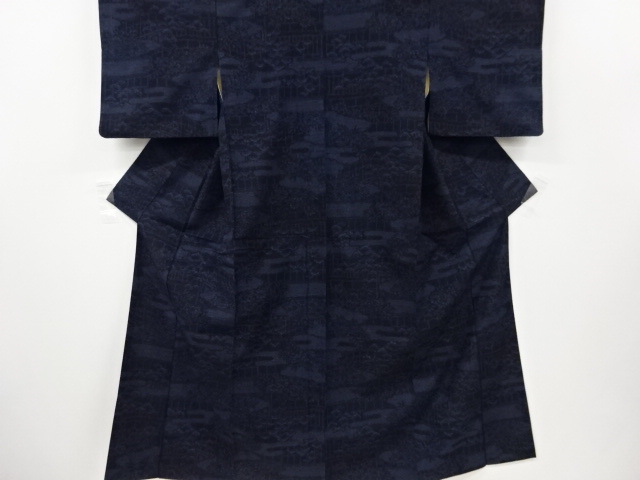 アンティーク　ヱ霞に草花模様織り出し手織り紬着物